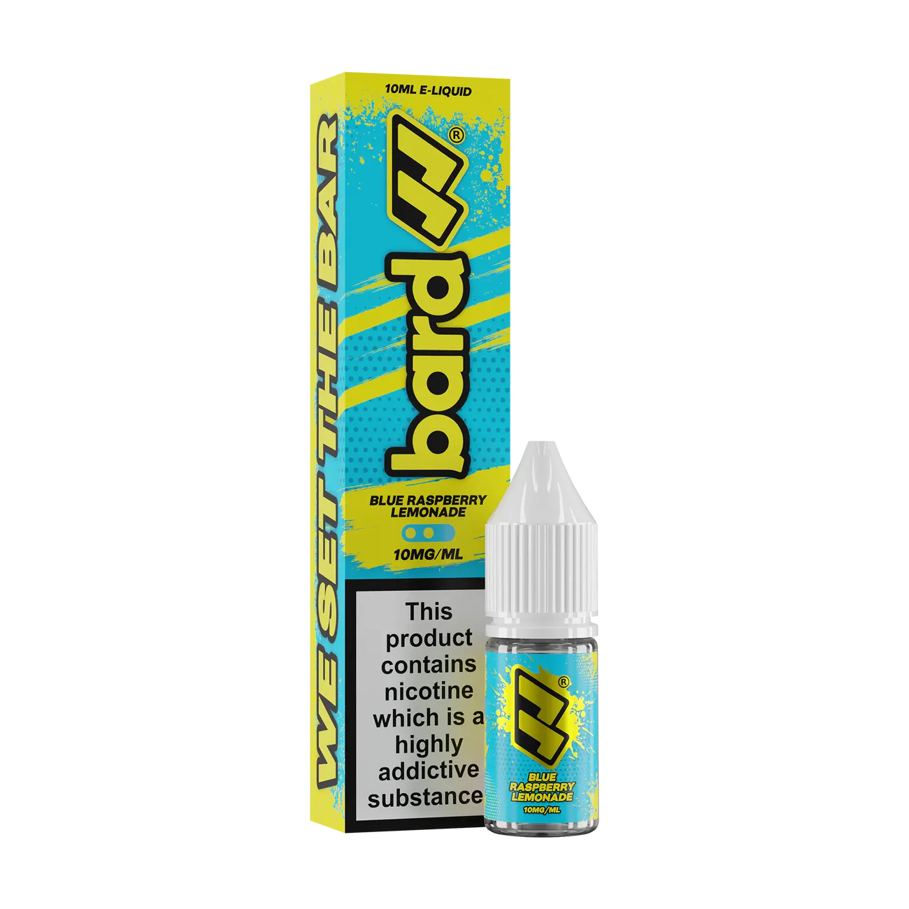 Bard Blue Raspberry Lemonade e-liquid, 10mg, box & bottle, 'We Set The Bar' text.