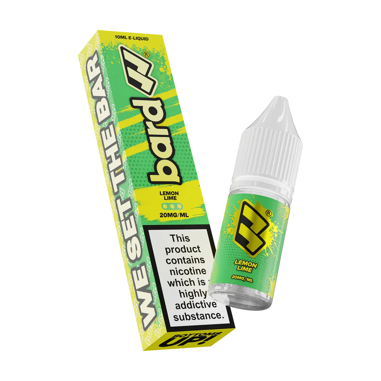 Bard Lemon Lime e-liquid, 20mg, box & bottle, 'We Set The Bar' text, nicotine warning.