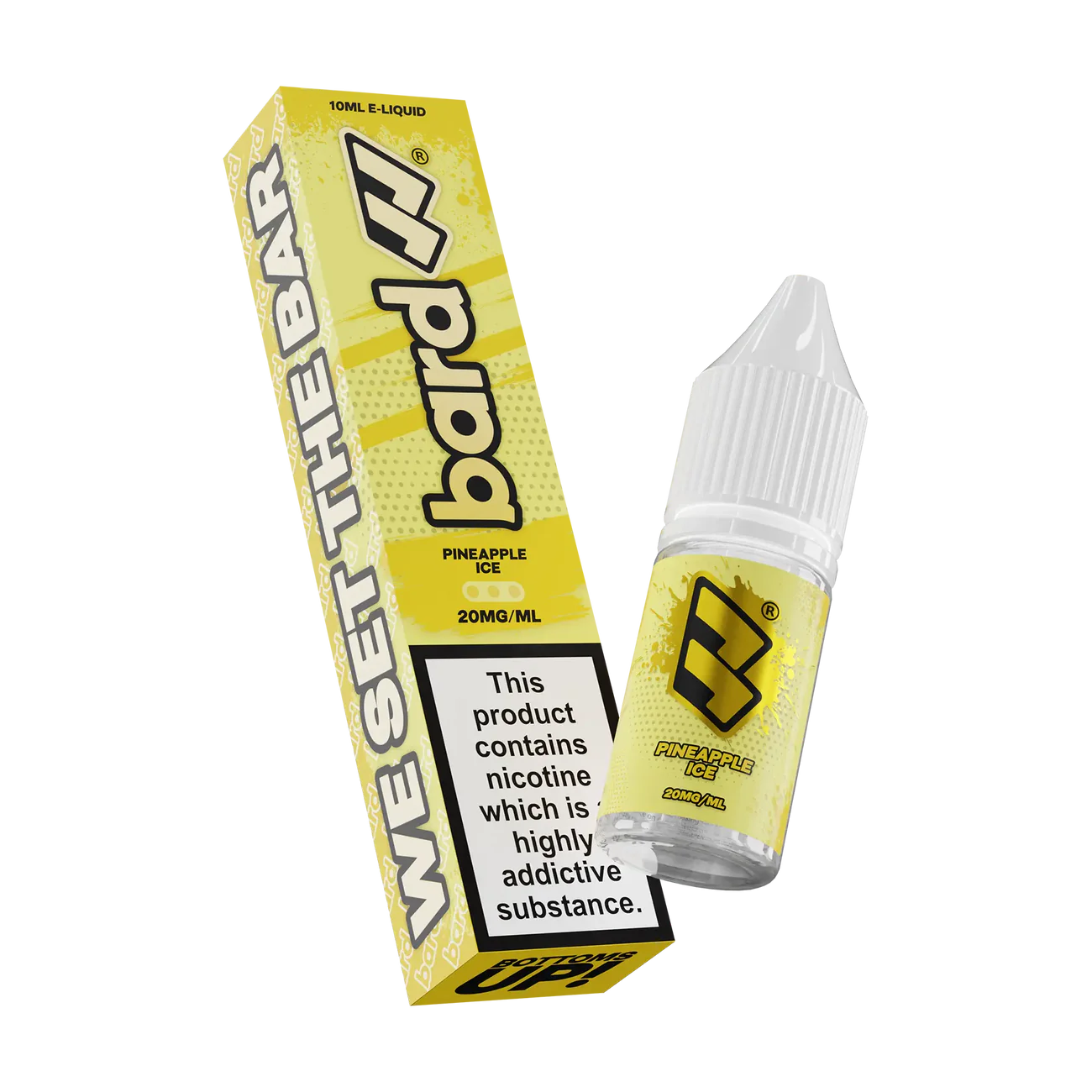 Bard Pineapple Ice e-liquid, 20mg, box & bottle, 'We Set The Bar' text, nicotine warning.