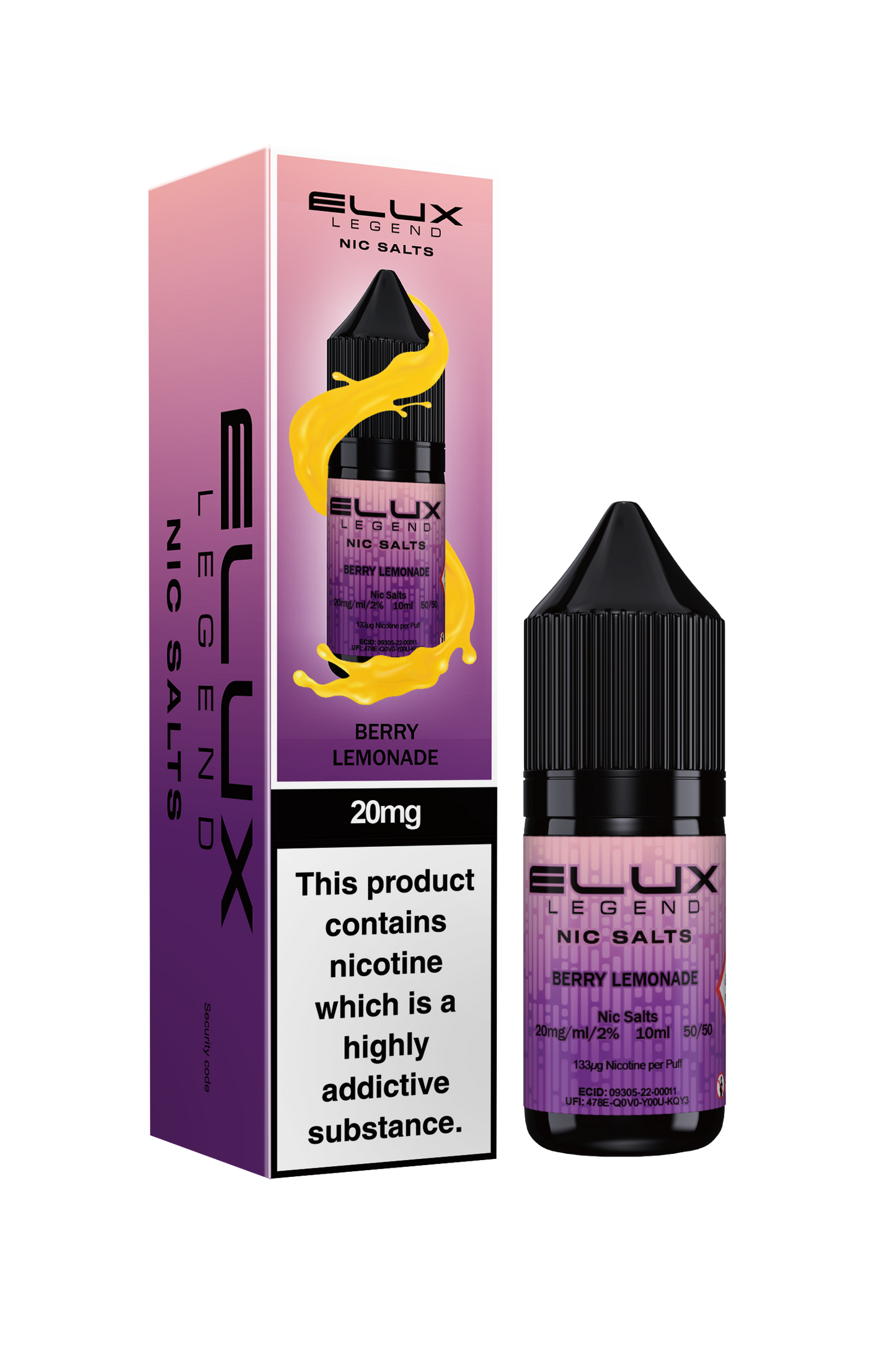 Elux Legend 20mg Nicotine Salt | Berry Lemonade | Purple, Pink and Yellow Elux