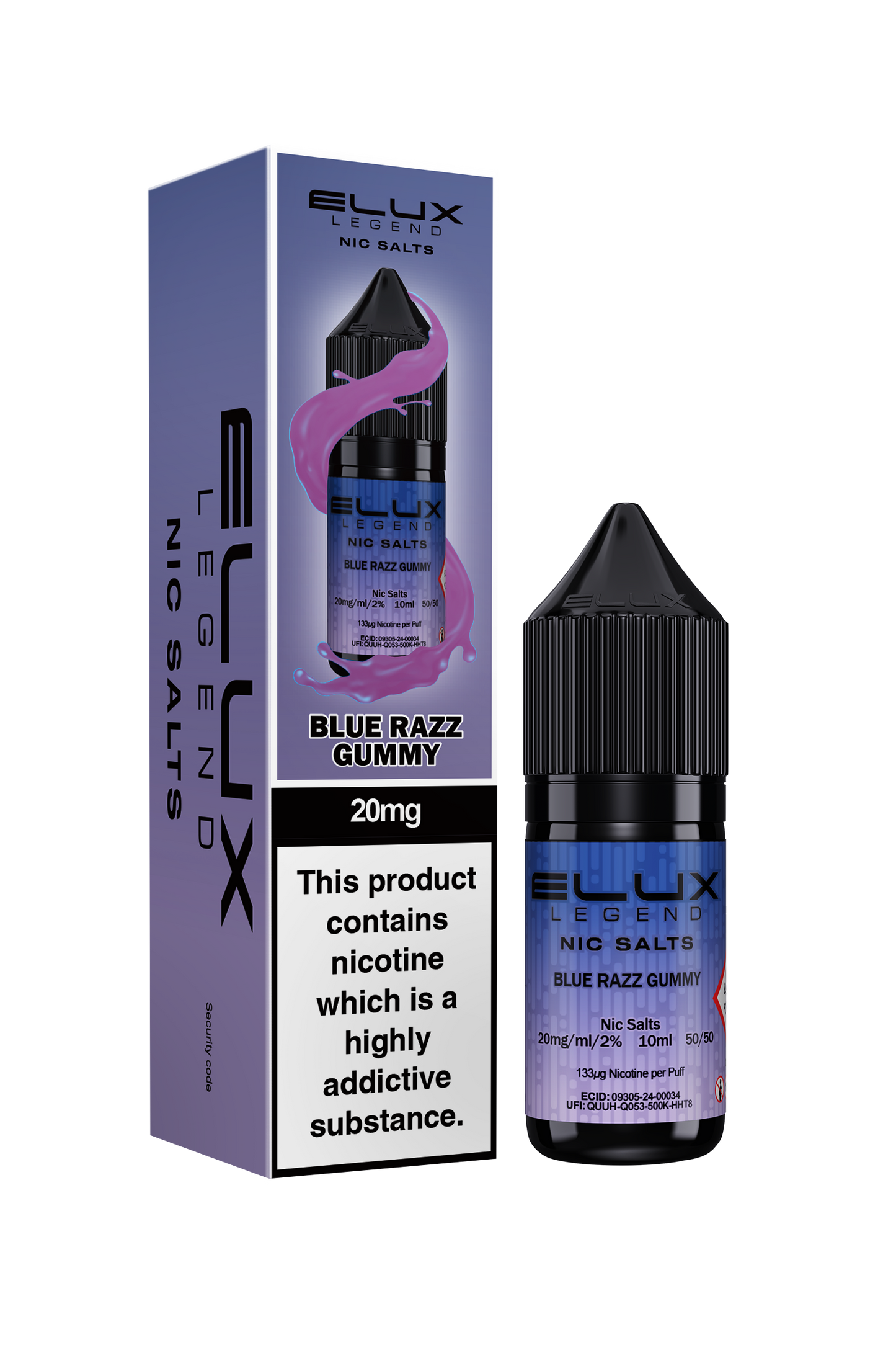 Elux Legend 20mg Nicotine Salt | Blue Razz Gummy | Purple and Pink Elux