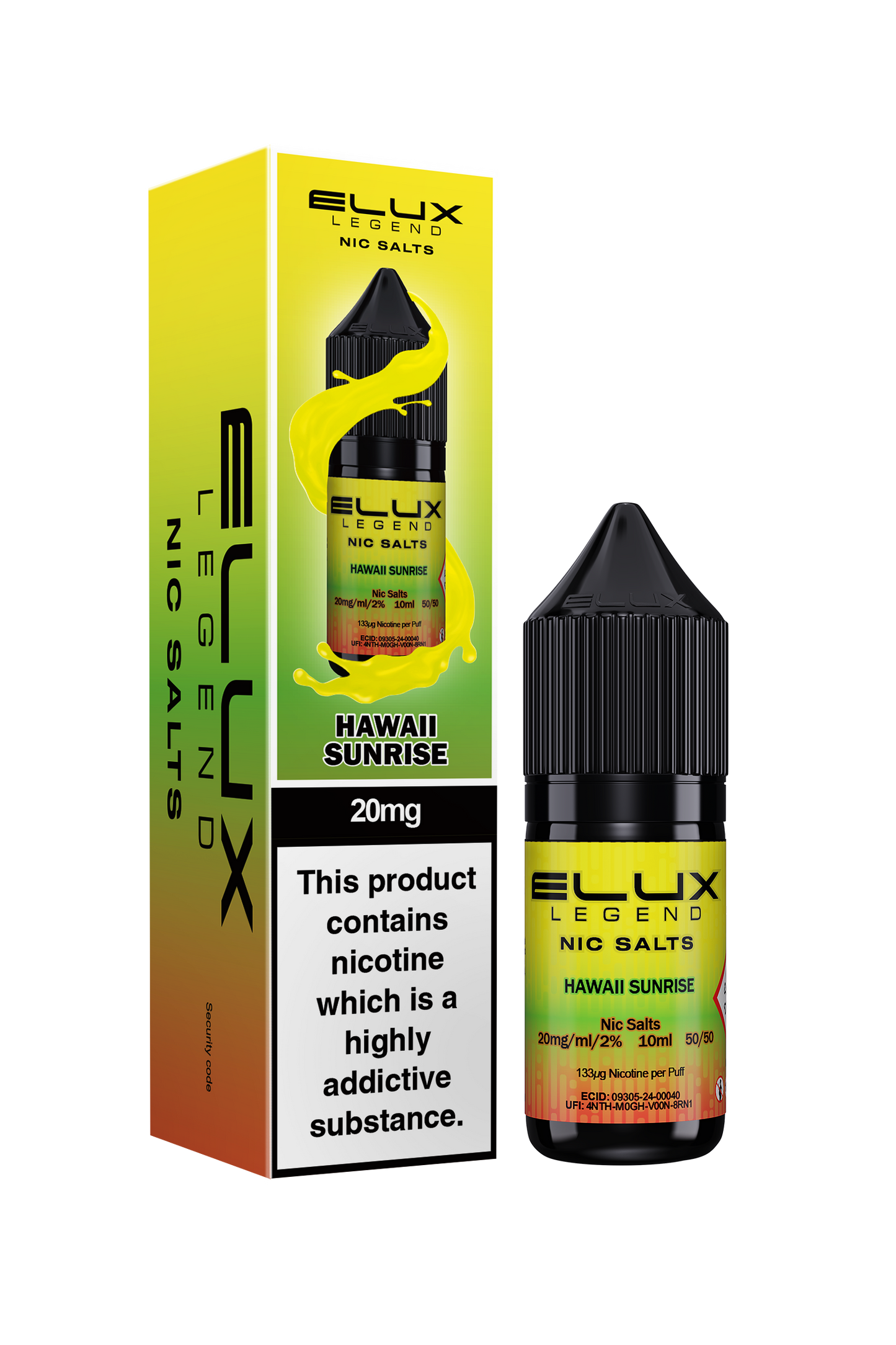 Elux Legend 20mg Nicotine Salt | Hawaii Sunrise | Yellow, Green and Orange Elux