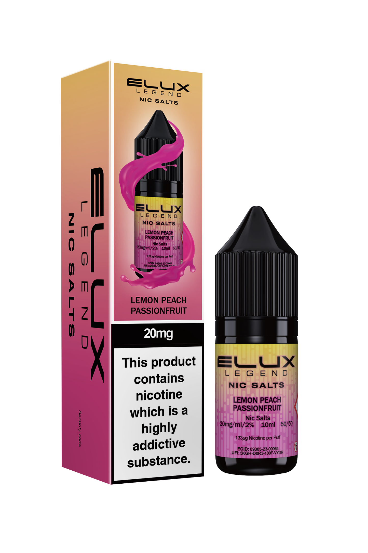 Elux Legend 20mg Nicotine Salt | Lemon Peach Passionfruit | Pink and Yellow Elux