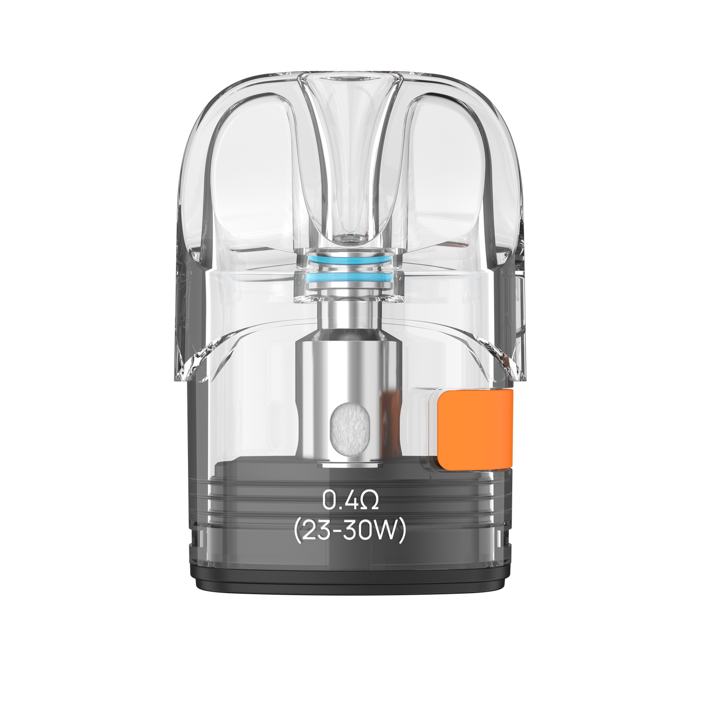 Close-up of Aspire PIXO 0.6ohm Pod with clear tank and orange label.