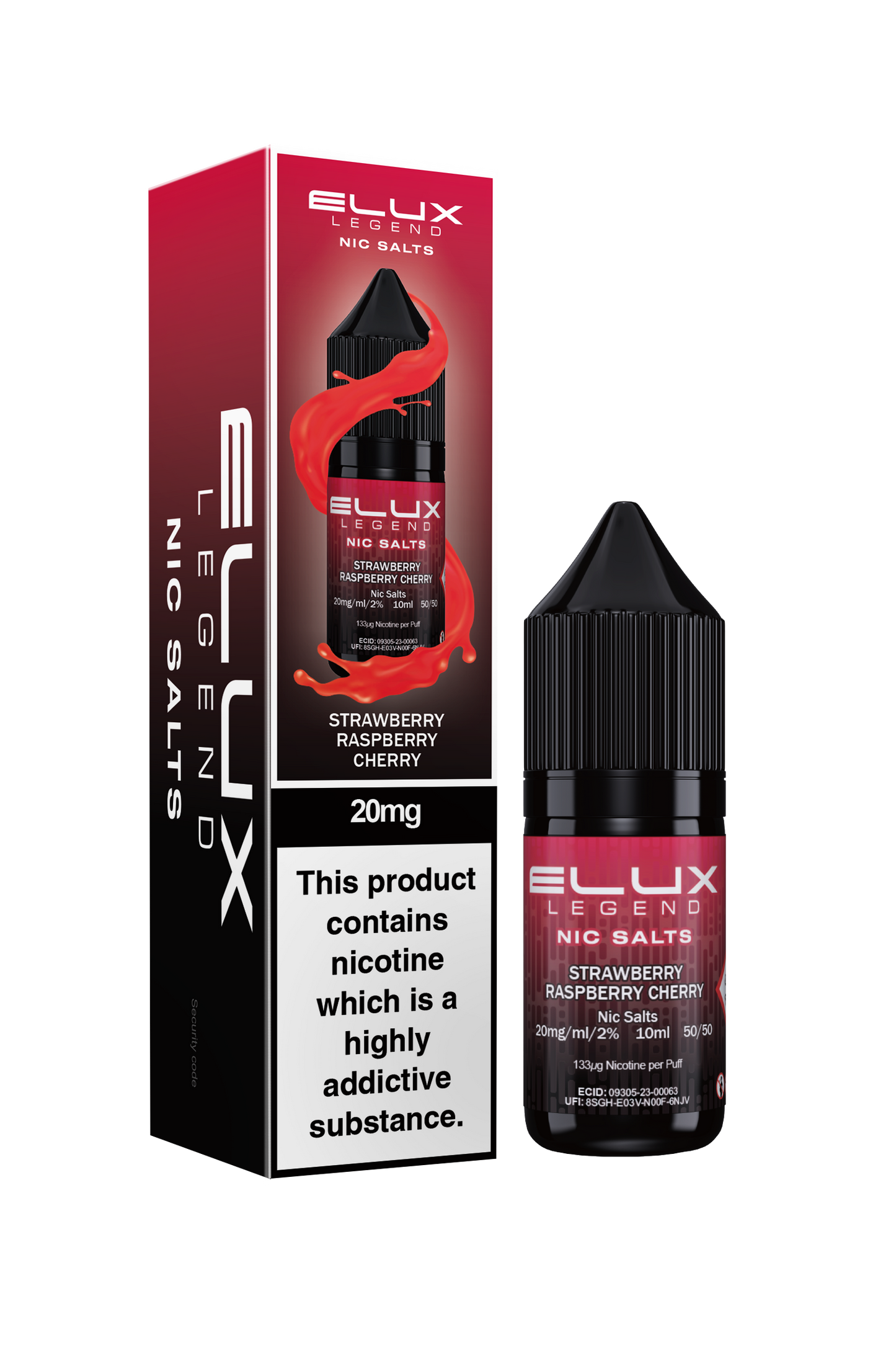 Elux Legend 20mg Nicotine Salt | Strawberry Raspberry Cherry | Black and Red Elux
