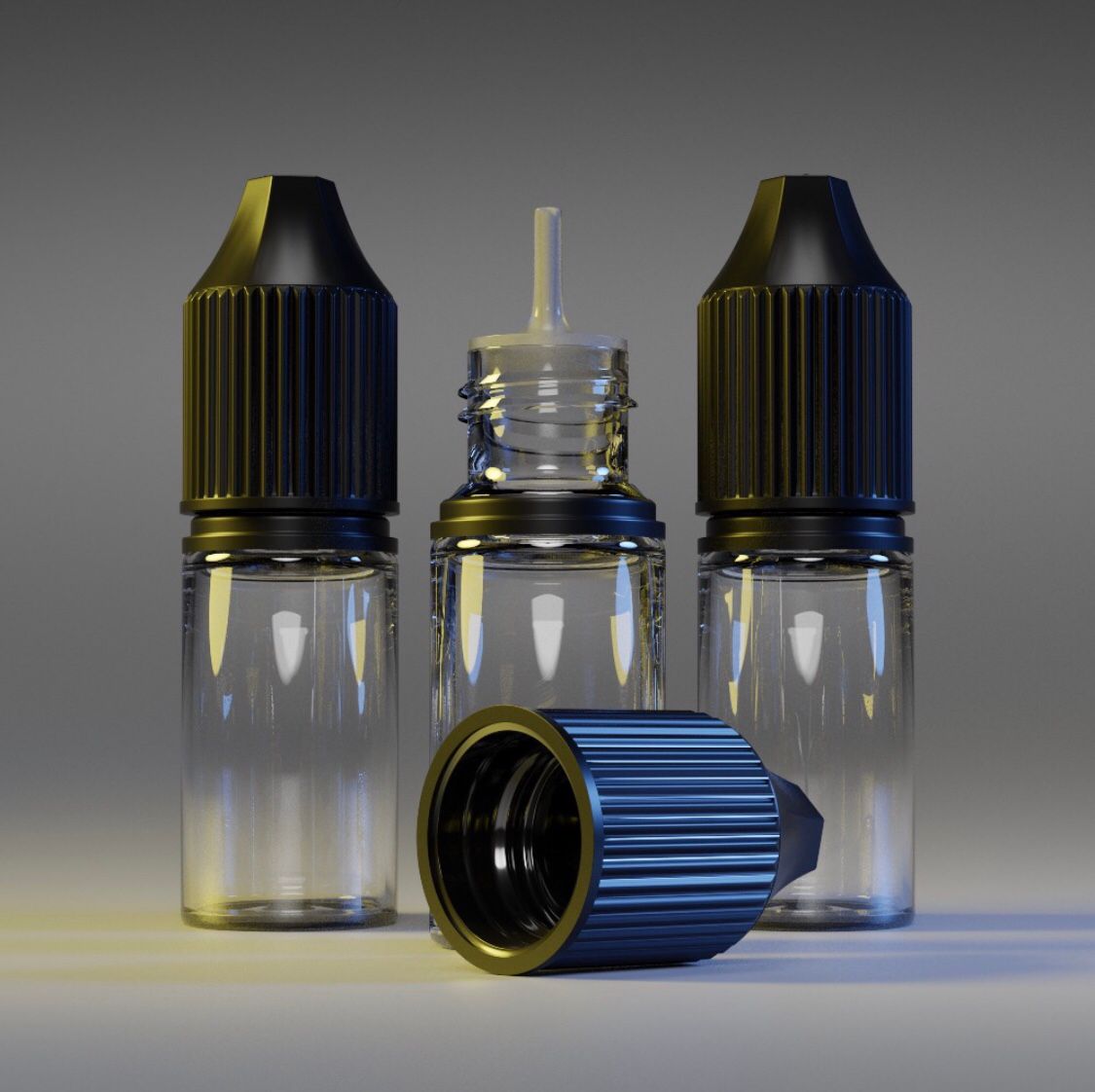 Clear 10ml empty shortfill bottles with childproof black caps displayed.
