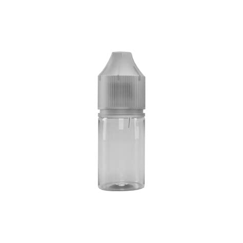 Clear 10ml empty shortfill bottle with white childproof cap on white background.