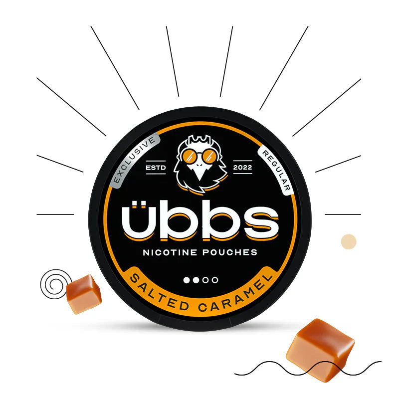 6mg Ubbs Nicotine Pouches, smoke-free, salted caramel flavor, moderate nicotine dose.