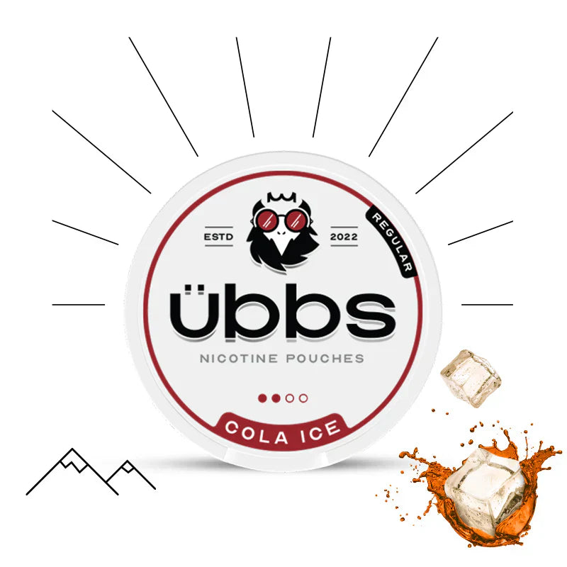 6mg Ubbs Nicotine Pouches Cola Ice packaging against a graphic background.