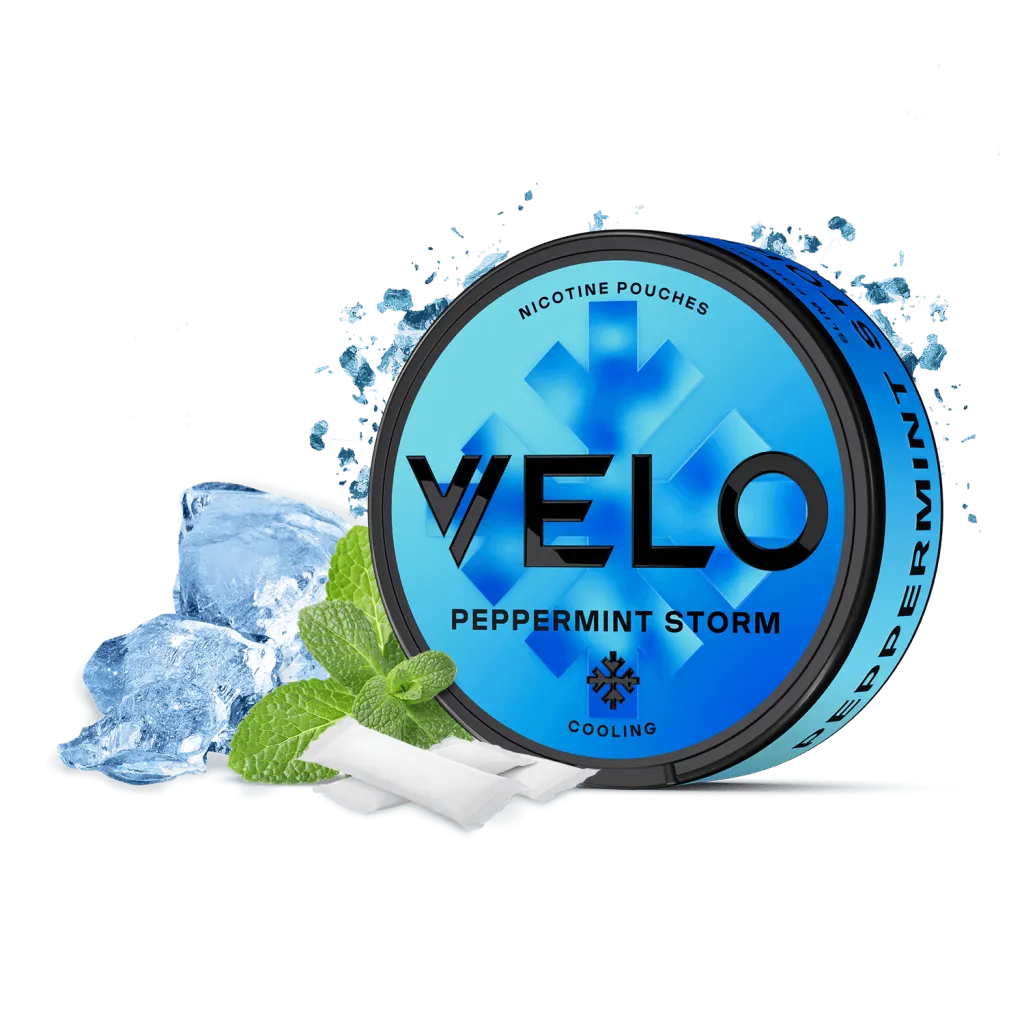 14mg Velo Nicotine Pouches with peppermint flavor and cooling effect, tobacco-free option.