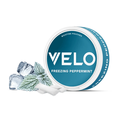 14mg Velo Nicotine Pouches with freezing peppermint flavor and ice cubes for a smooth, tobacco-free experience.