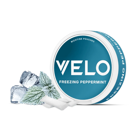 14mg Velo Nicotine Pouches with freezing peppermint flavor and ice cubes for a smooth, tobacco-free experience.