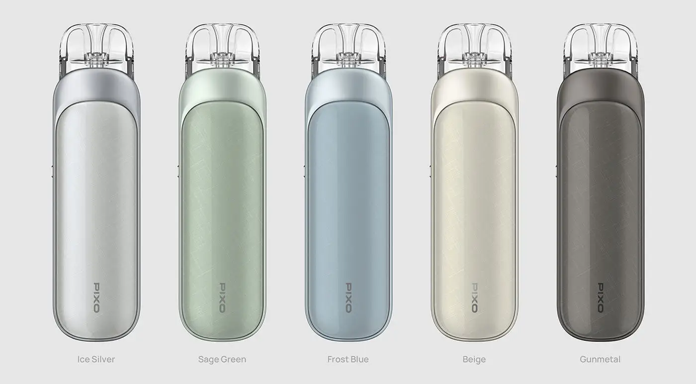 Aspire PIXO Touch-Screen Pod Vape Kit in five colors: Ice Silver, Sage Green, Frost Blue, Beige, and Gunmetal.