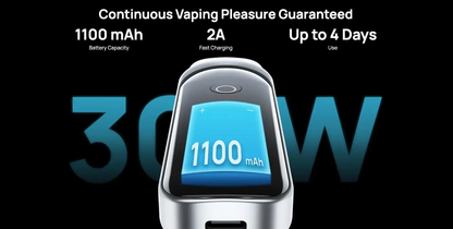 Aspire PIXO Touch-Screen Pod Vape Kit with 1100mAh battery capacity, 2A fast charging, and up to 4 days use.