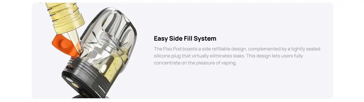 Aspire PIXO Touch-Screen Pod Vape Kit with easy side fill system and silicone plug.