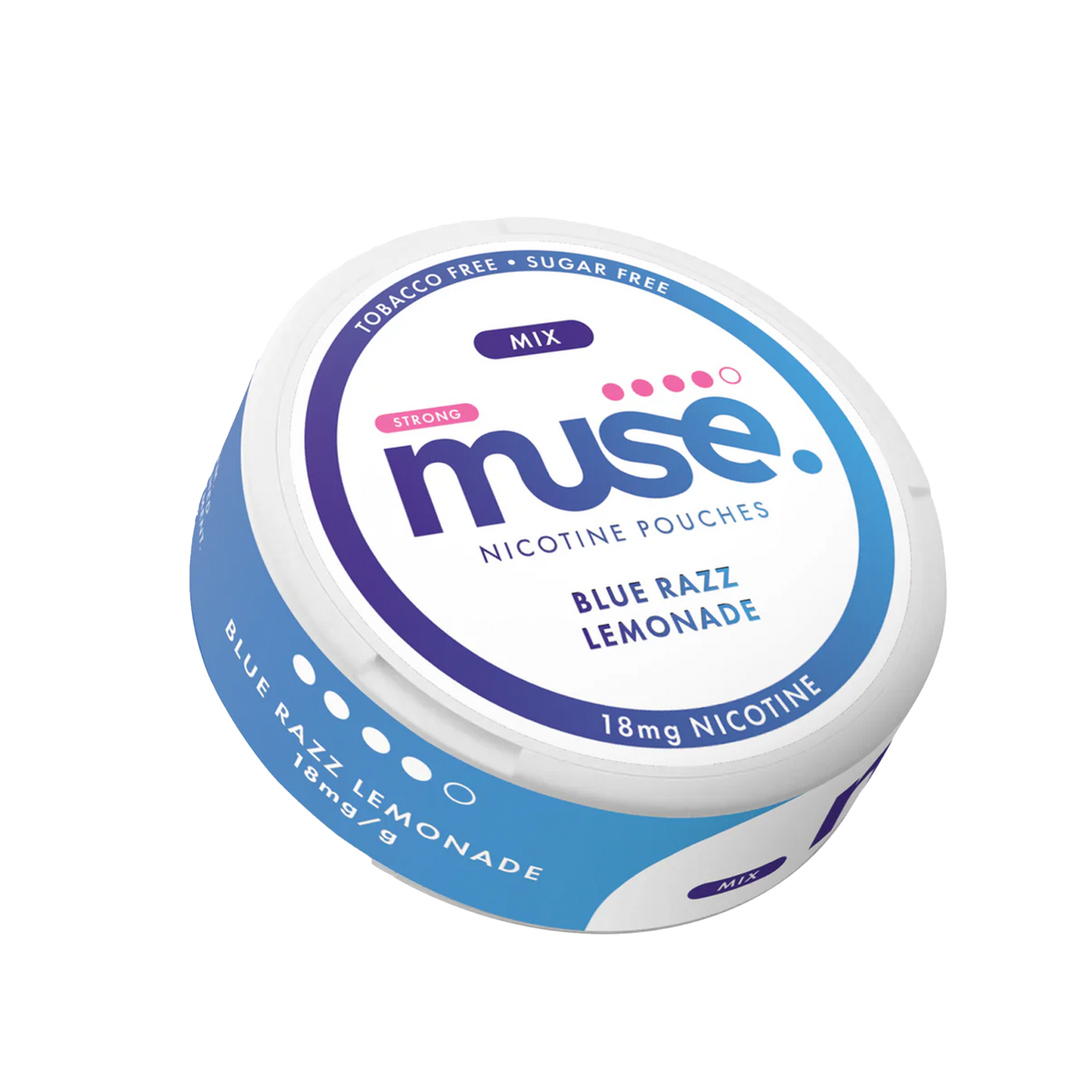 18mg Muse Nicotine Pouches, tobacco-free, strong nicotine hit, Blue Razz Lemonade flavor.