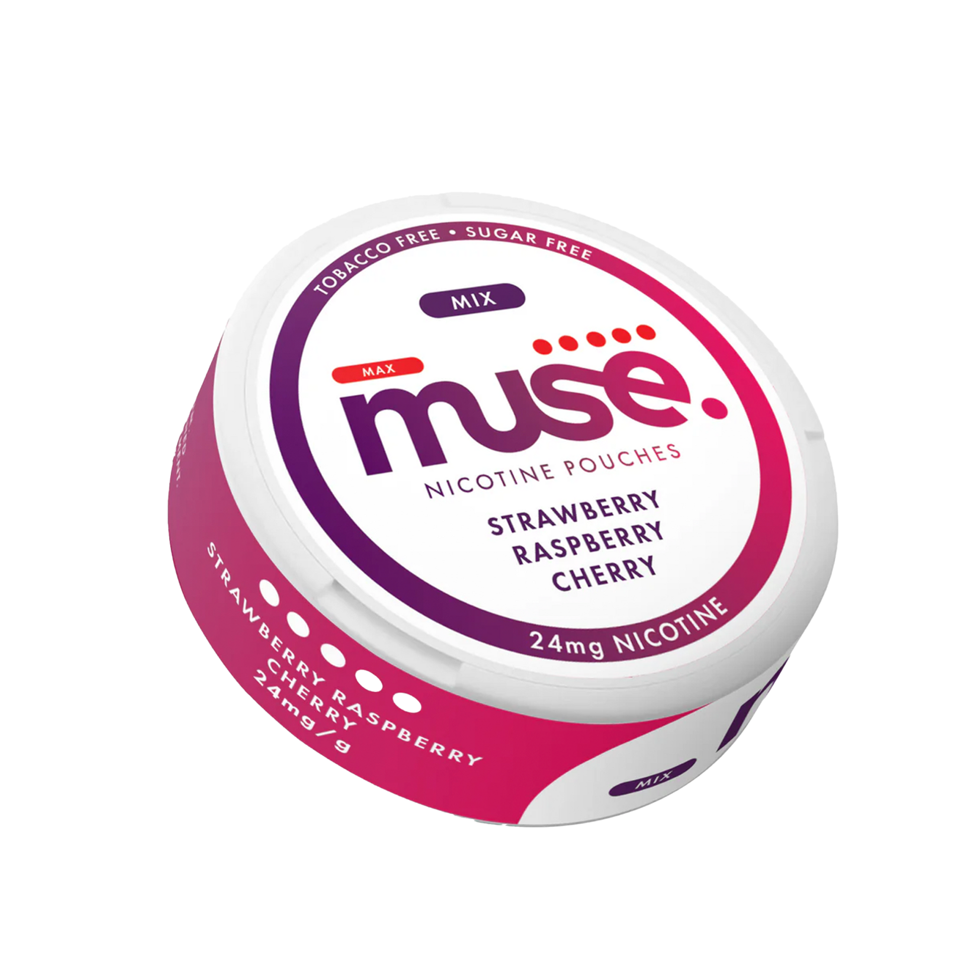 24mg Muse Nicotine Pouches container with strawberry, raspberry, and cherry flavors.